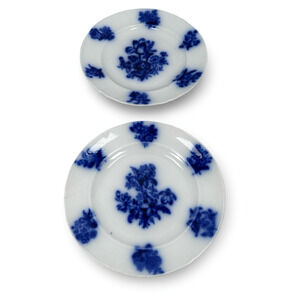 Antique Minton BB New Stone Flow Blue Dinner Plates Set of 2 White 1800s Flower